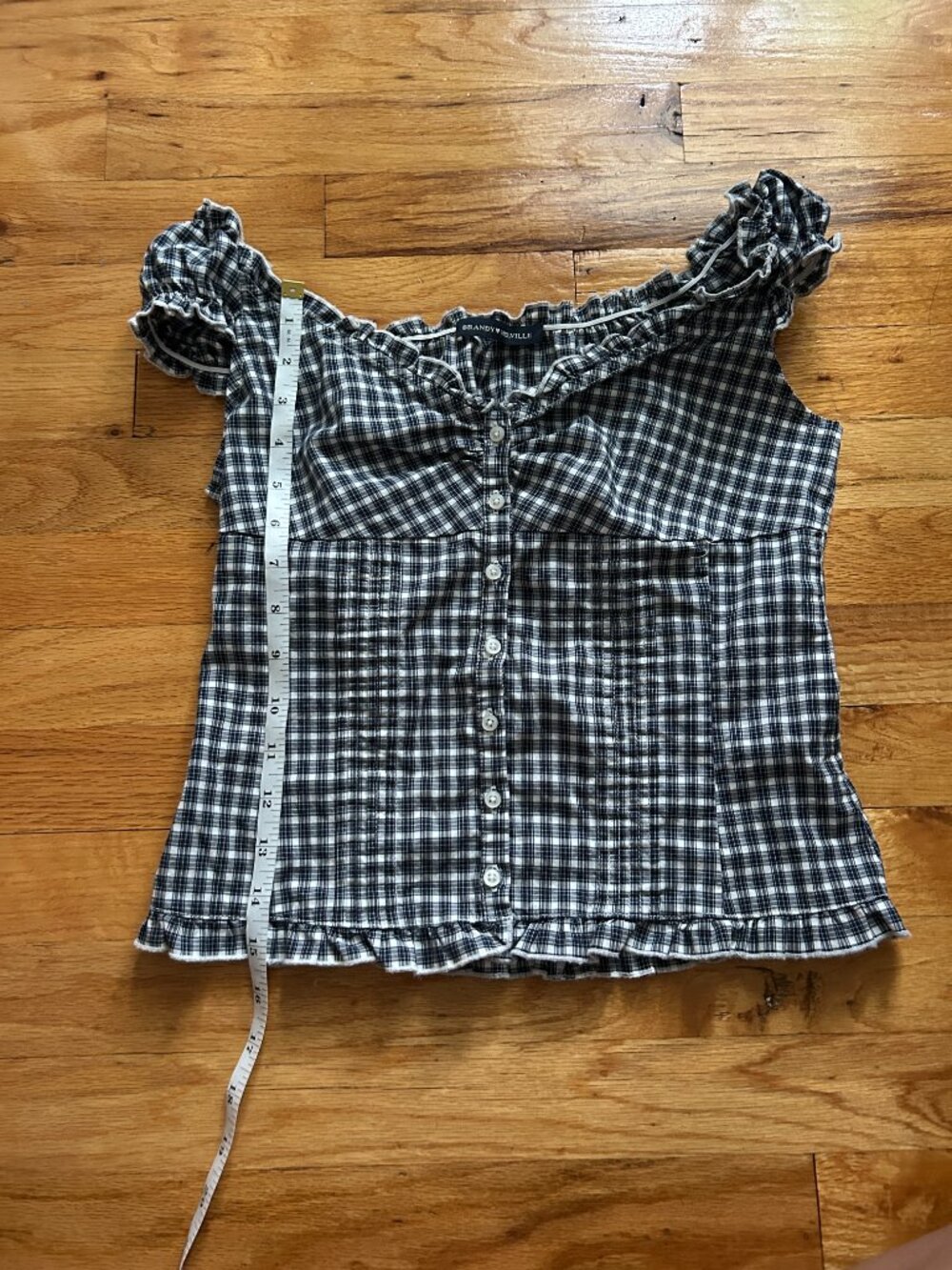 Brandy Melville Dark Blue Gingham Top Women's Ruffled Sleeves Neckline Button-Up - Picture 9 of 11